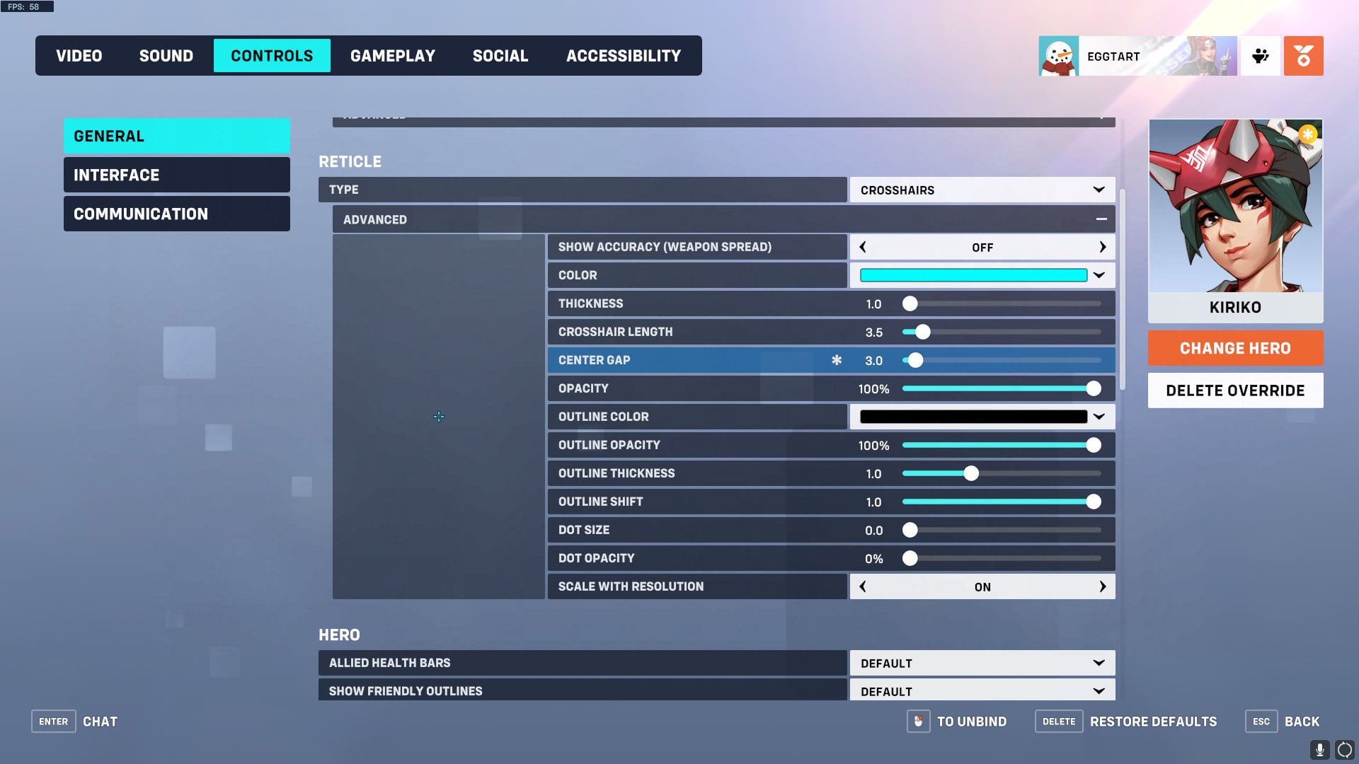 Recommended crosshair for Kiriko in Overwatch 2.