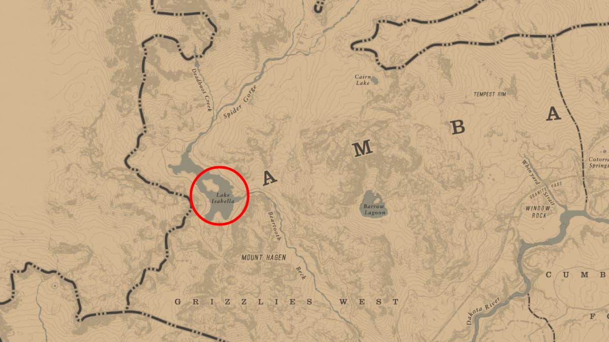Lake Isabella circled on the RDR2 map