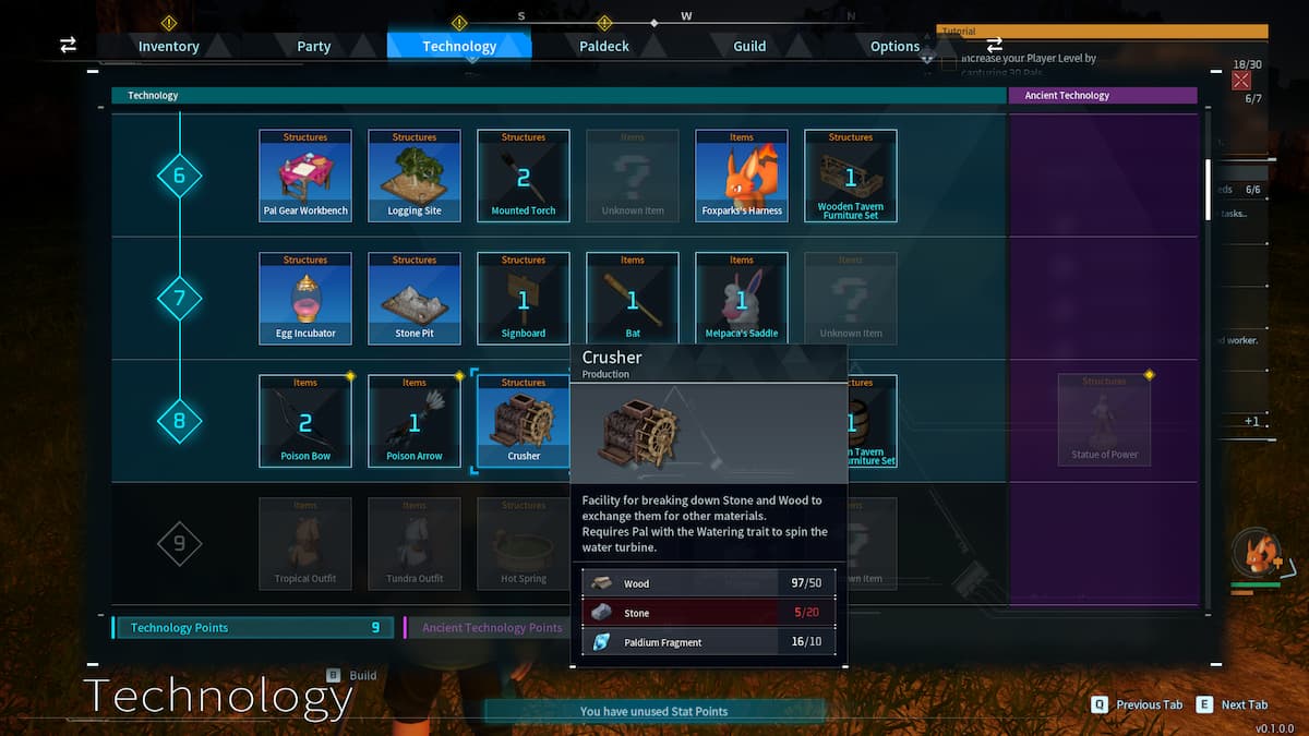 Crusher in Palworld's technology screen