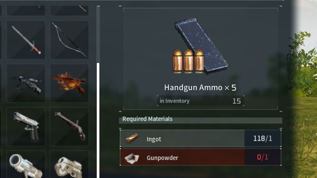 A screenshot of Palworld showing the crafting window of Handgun Ammo.