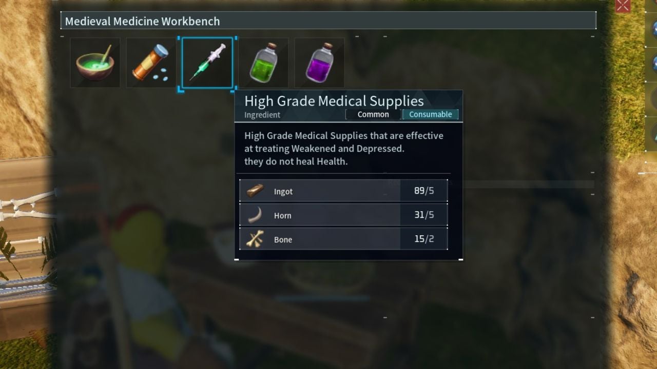 A screenshot of Palworld showing the crafting cost of High Grade Medical Supplies on the Medieval Medicine Workbench.