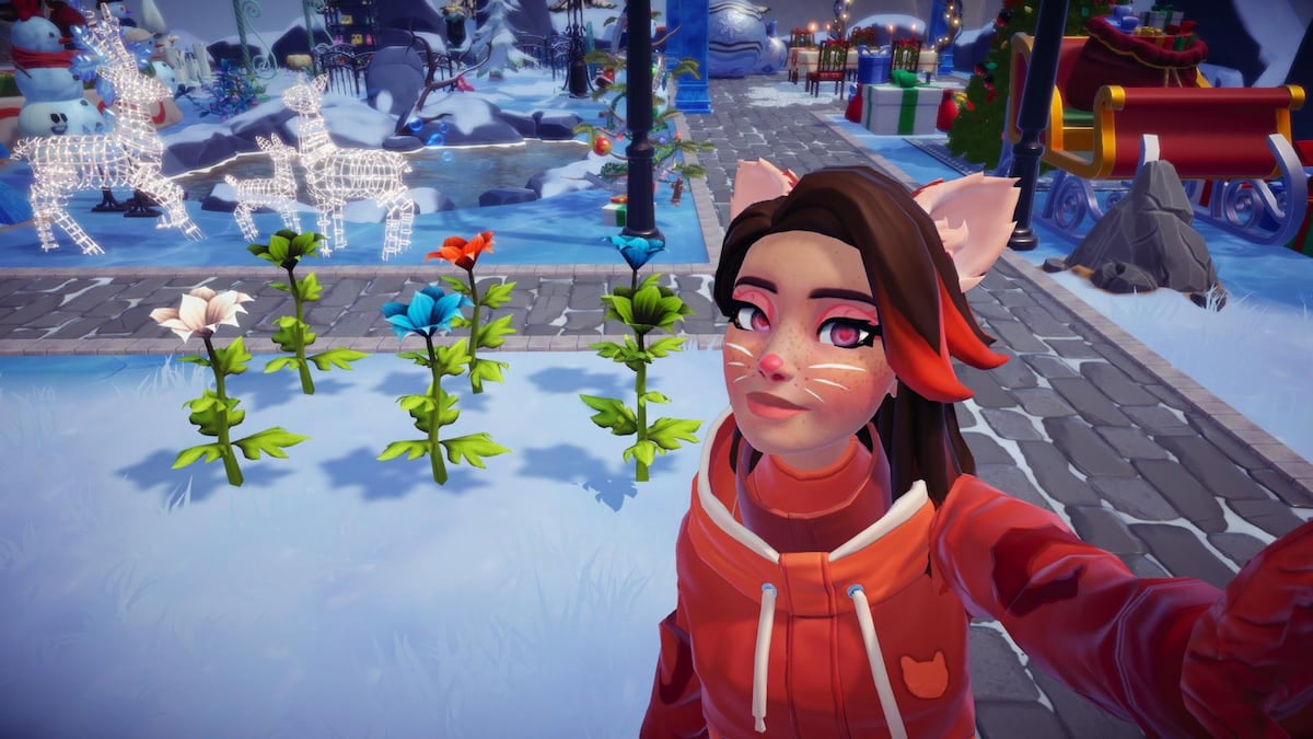 A player dressed as a panda from turning red taking a picture with six passion lilies in Disney Dreamlight Valley.