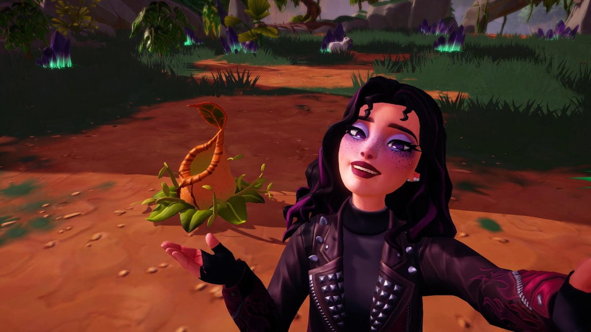 Taking a picture with a Pitcher Plant in Disney Dreamlight Valley.