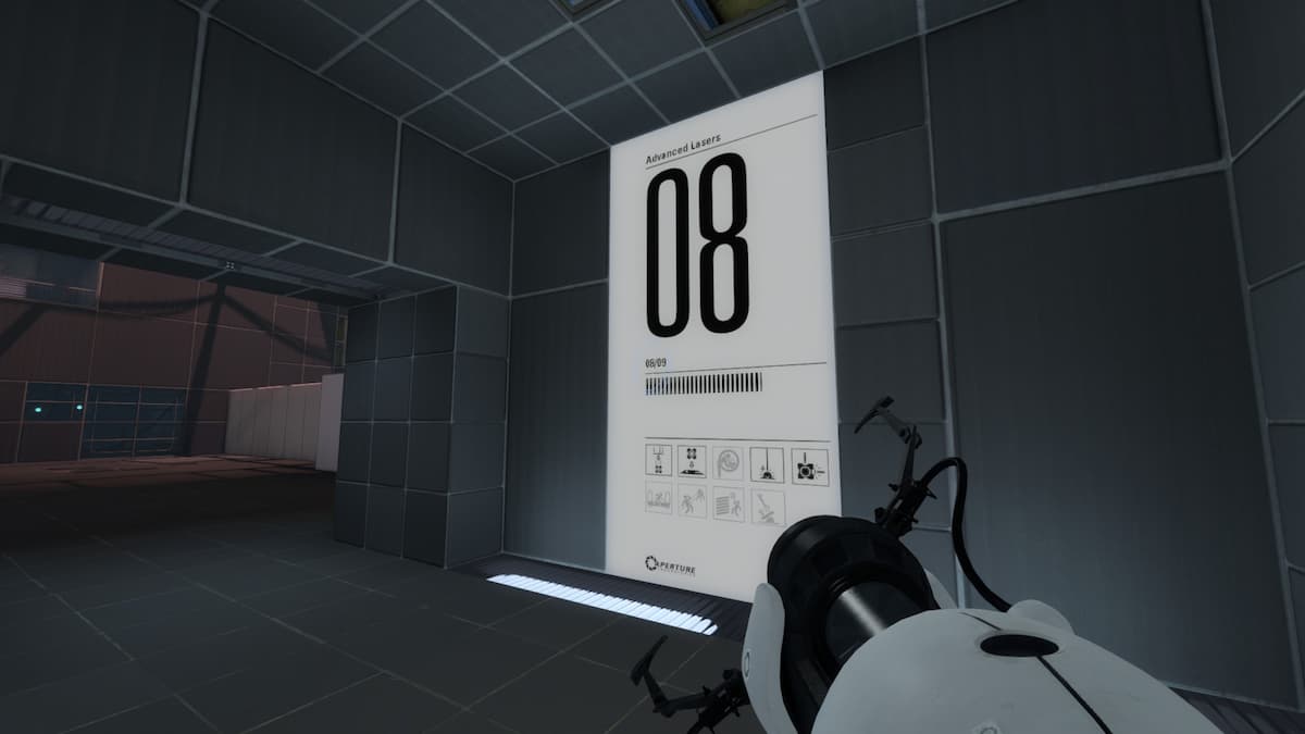 Character looking at the white Chamber 8 screen at the start of the level