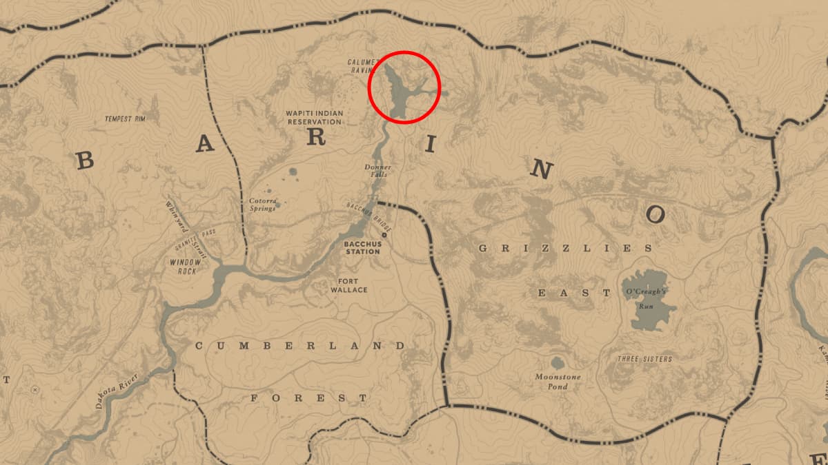 Water body under Calumet Ravine circled on the RDR2 map