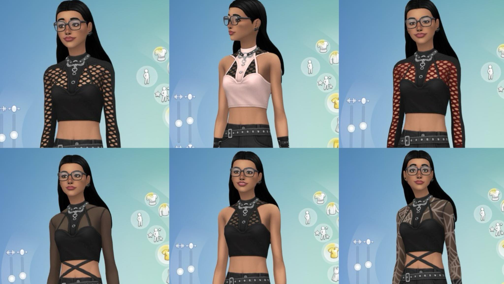 The same top in different swatches in The Sims 4 Goth Galore.