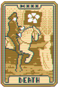 The Death card, showing a man in dark clothing riding atop a white horse to a figure in white. 