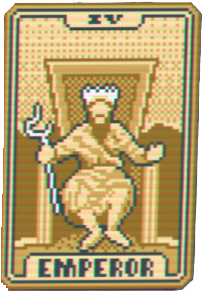 This image shows readers the Emperor Tarot card from Balatro, showing a man with a staff sitting on a throne.