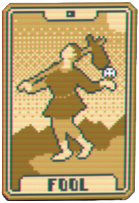 A screenshot of the Fool Tarot card from Balatro, showing a golden card with a wandering man.