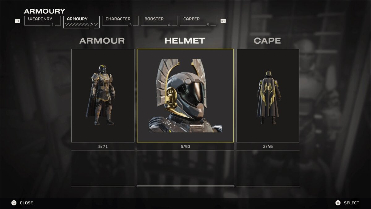 Armory main menu with Armor, Helmet, and Cape in Helldivers 2