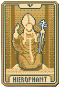 A screenshot of the Hierophant card in Balatro, showing a priestly figure on a golden card frame.