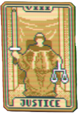 A figure sitting on a throne holding a sword and a balance in the other hand. This is the Justice card from Balatro.