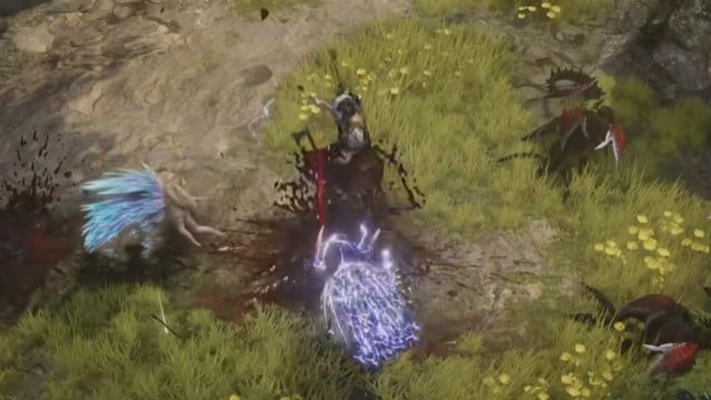 A barbarian man fights several frozen hedgehogs in Last Epoch.