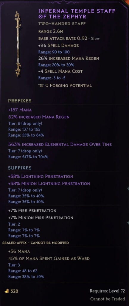 Last Epoch Exalted item with two Tier 7 and one Tier 6 Affixes