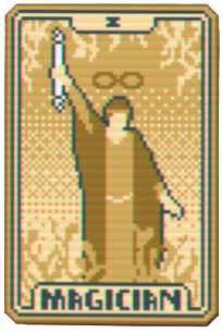 A female character on a golden card raising a wand in the air. An infinity symbol rests above her head. This is the Magician Tarot card from Balatro