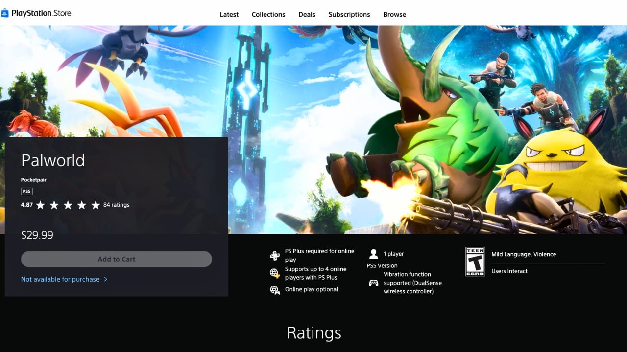 An image of the palworld store page on the playstation website
