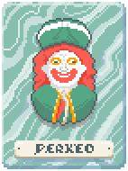 A joker in green garments with long orange hair. It smiles menacingly. This image shows readers the Perkeo Legendary Joker from Balatro