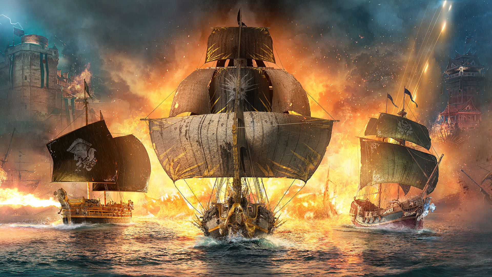 three pirate ships sail with an explosion behind them