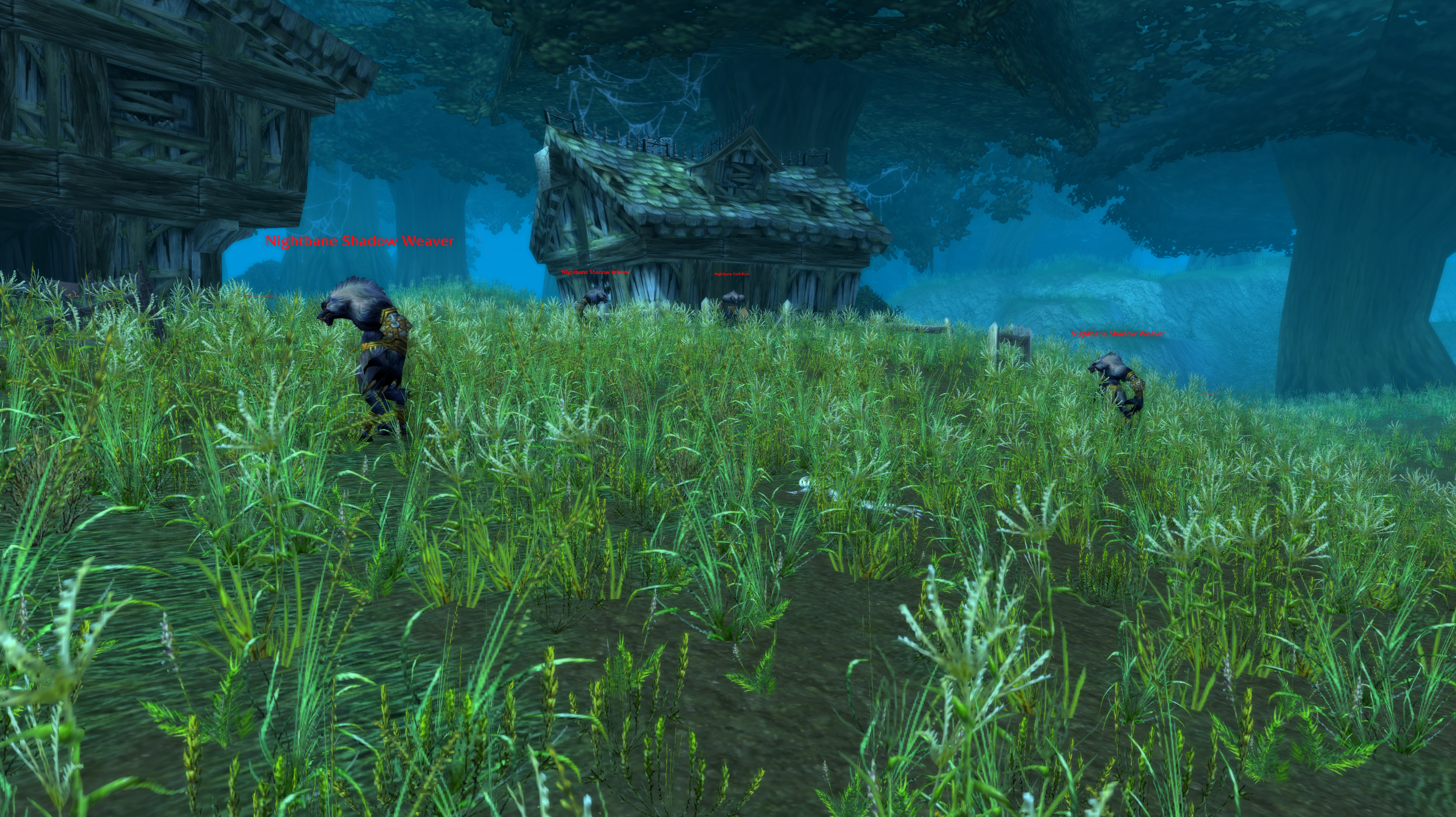 Worgen surrounding the Tranquil Gardens Cemetery in Duskwood in WoW Classic