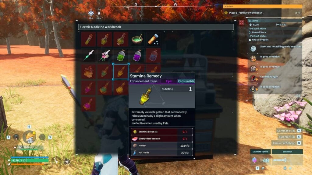Picture showing the recipe for Stamina Remedy in Palworld containing Honey.