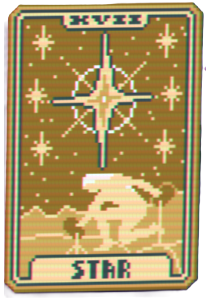 The Star Tarot card from Balatro, showing a human kneeling beneath a giant star icon.