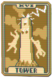The Tower Tarot card from Balatro, showing a tall tower against a lightning sky
