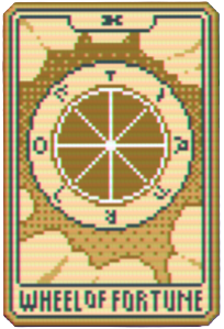 The wheel of Fortune Tarot Card from Balatro, showing a wheel against a cloudy sky.
