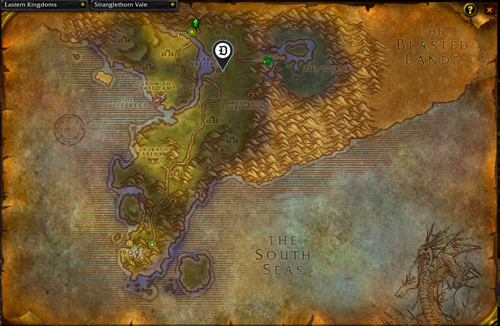 Map of Stranglethorn Vale, showing where to continue the Survival Instincts Rune quest