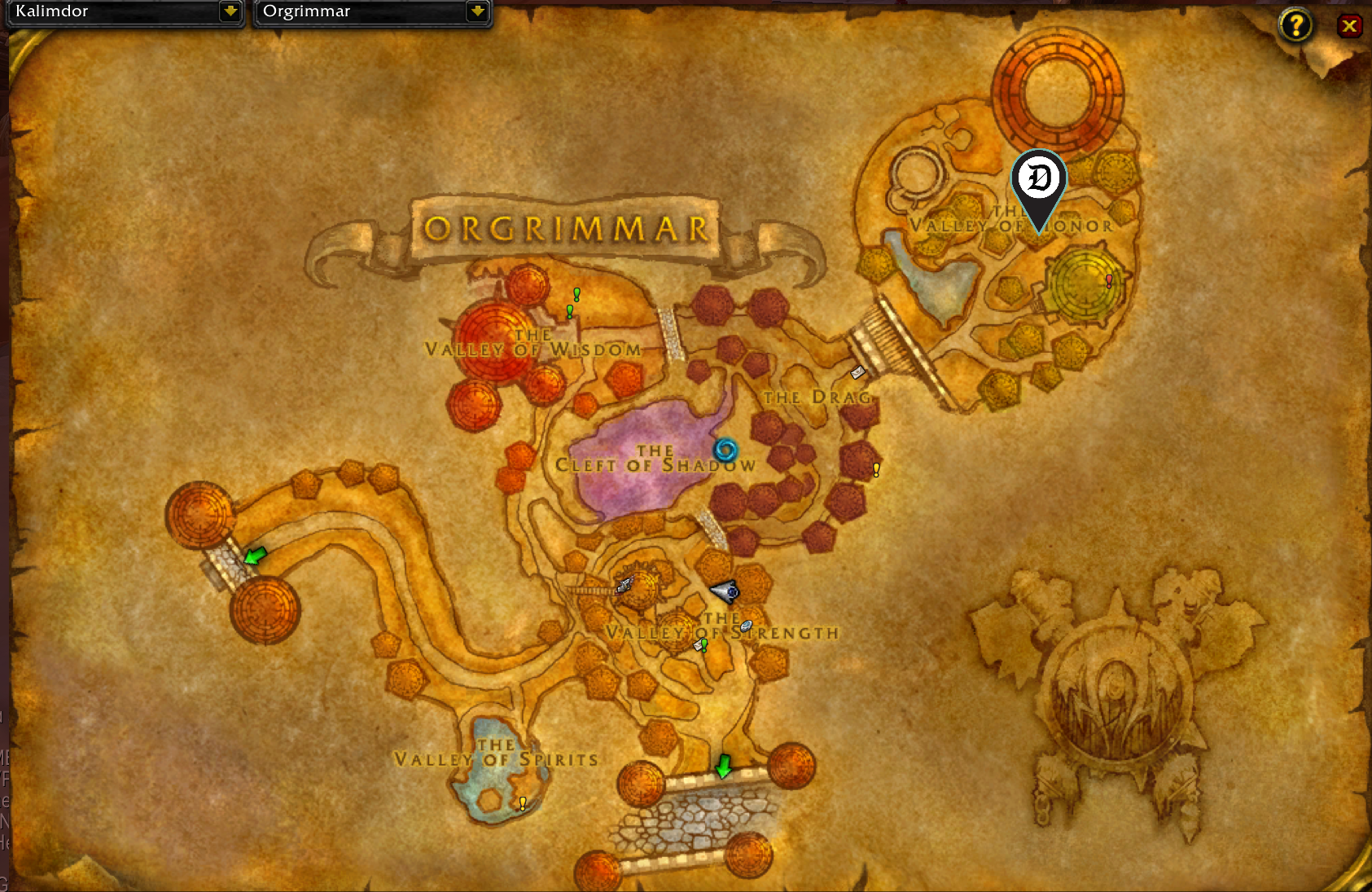 Map of Orgrimmar, showing the exact location of Nogg and Sovik