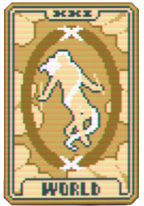 A tarot card from Balatro showing a golden rectangle with a woman figure reclining in a floating position.