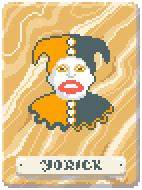 Yorick, a yellow Joker card from Balatro, showing a clown with a yellow and black outfit and a downwards smile.