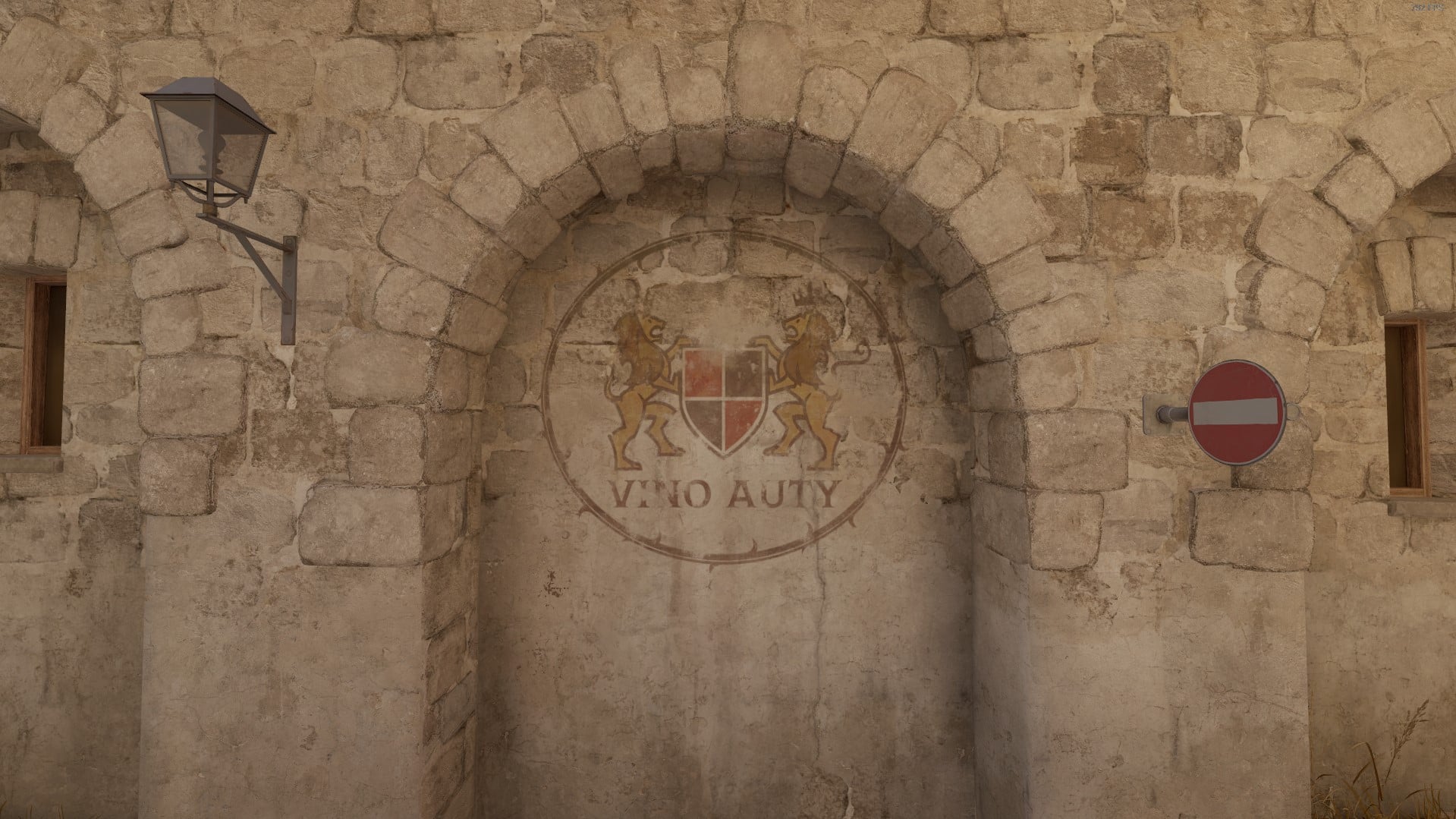 Artwork painted on a wall by a street sign on Inferno in CS2.