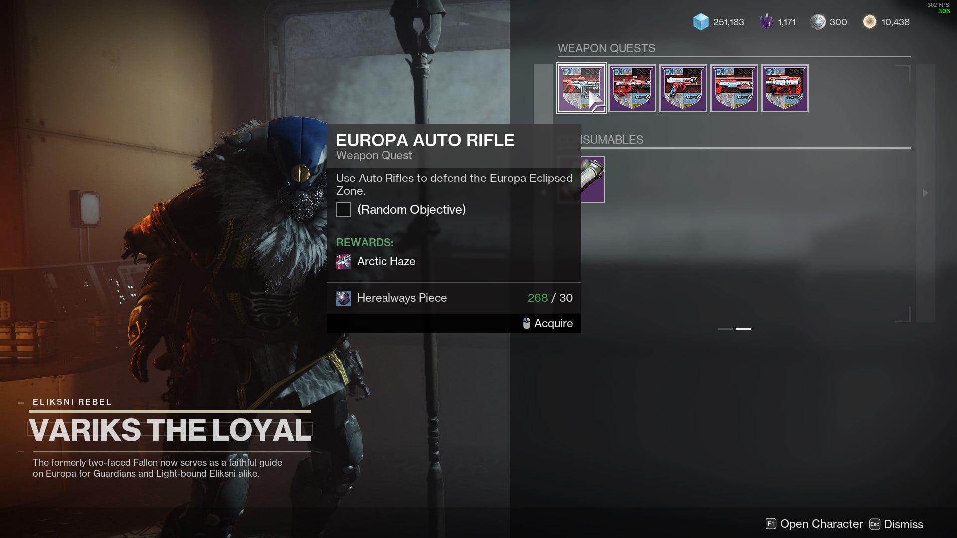 Variks from Destiny 2 presents a reward quest to the player.