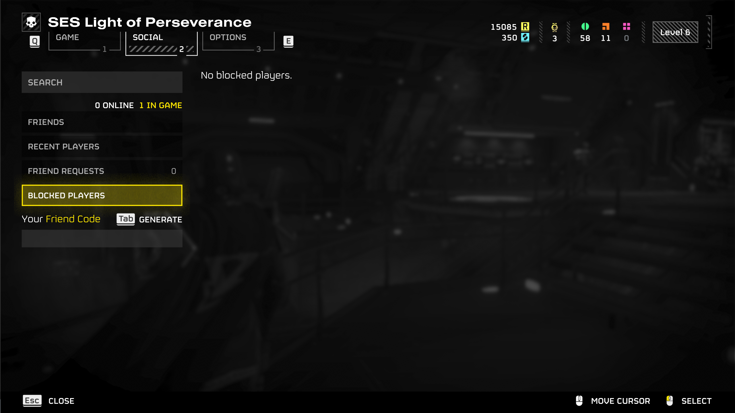 The blocked players page on the social tab in Helldivers 2.