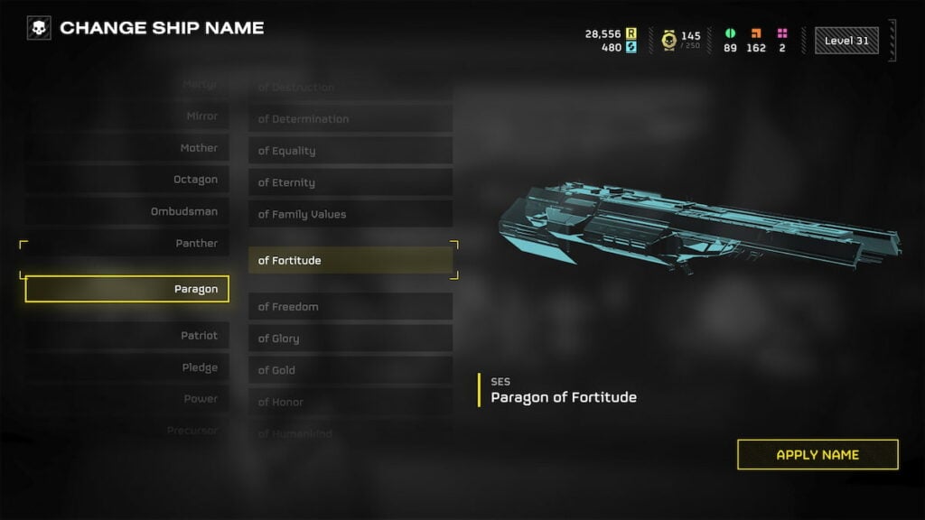 Ship name options in Helldivers 2