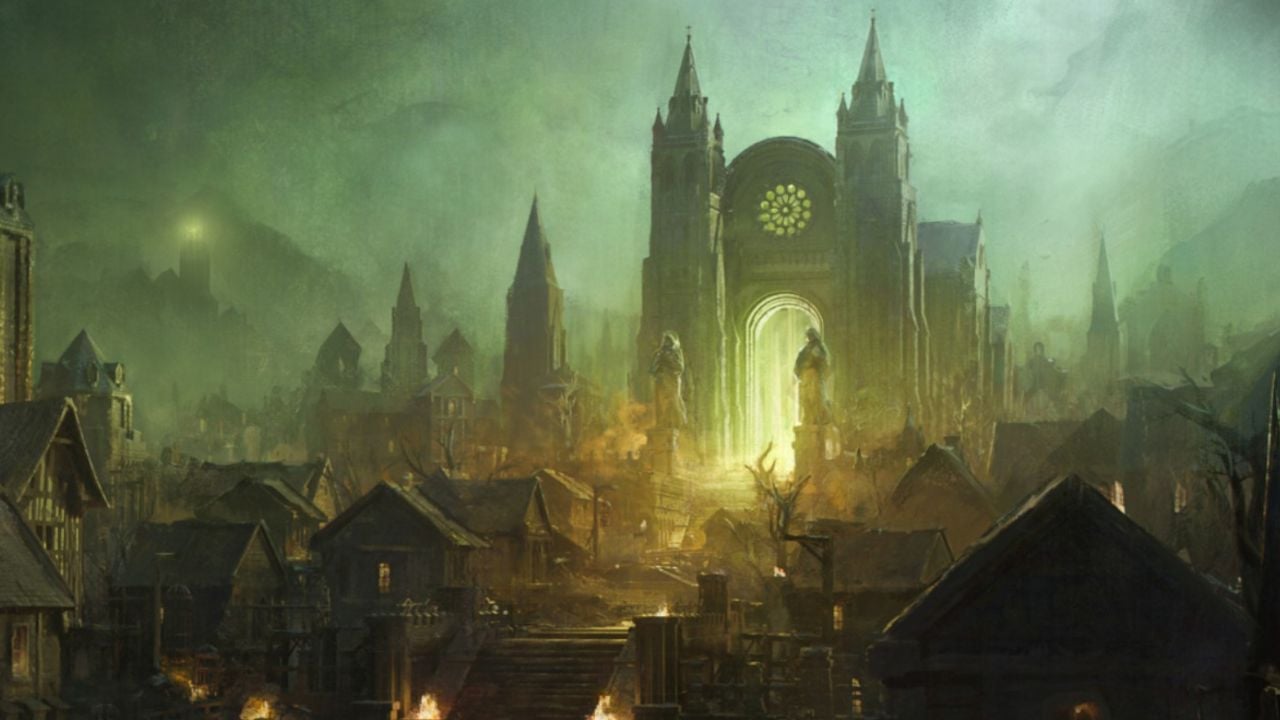 A screenshot of the Welryn loading screen in Last Epoch showing several buildings and a tall castle.