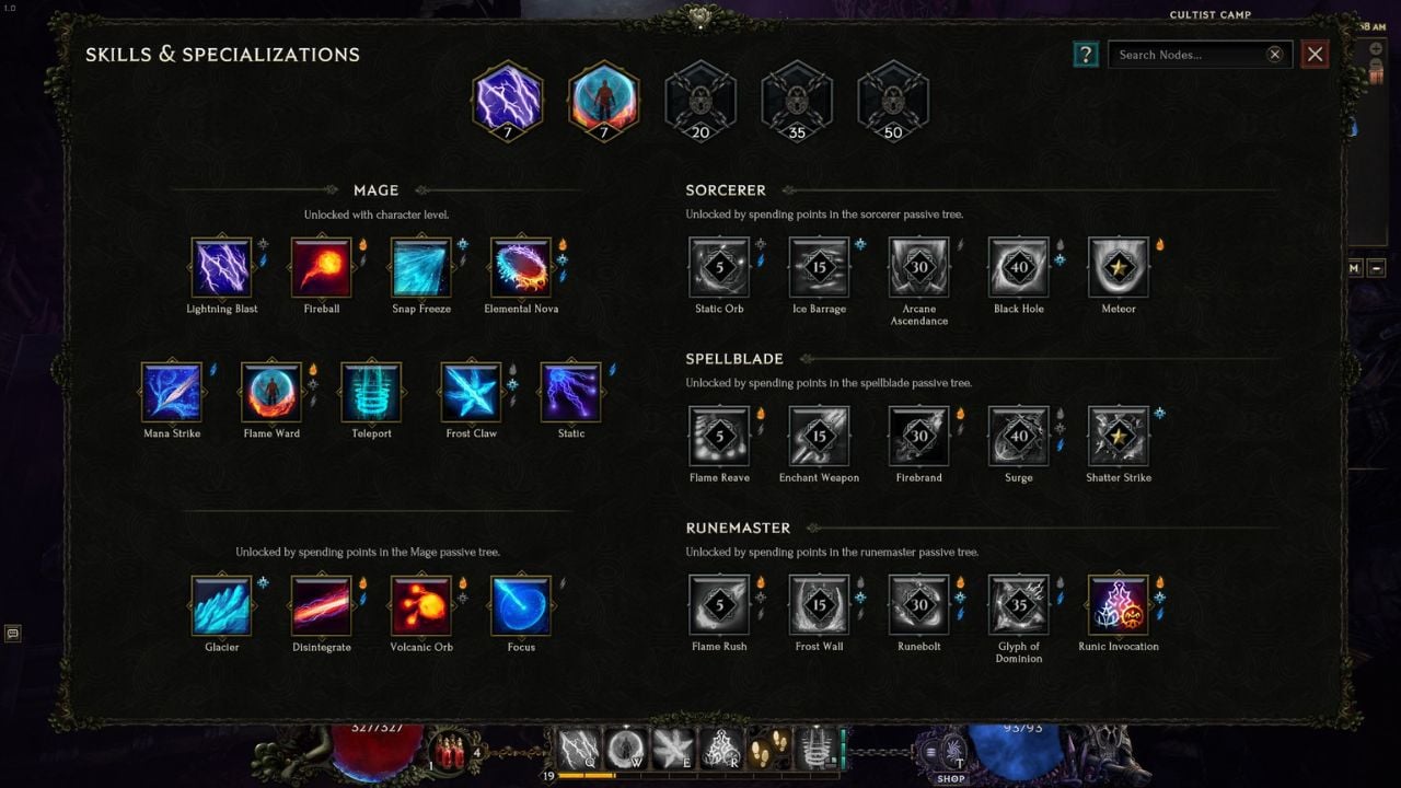 A screenshot of the Runemaster's skills in Last Epoch.