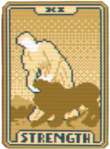 The strength Tarot card from Balatro showing a person petting a dog