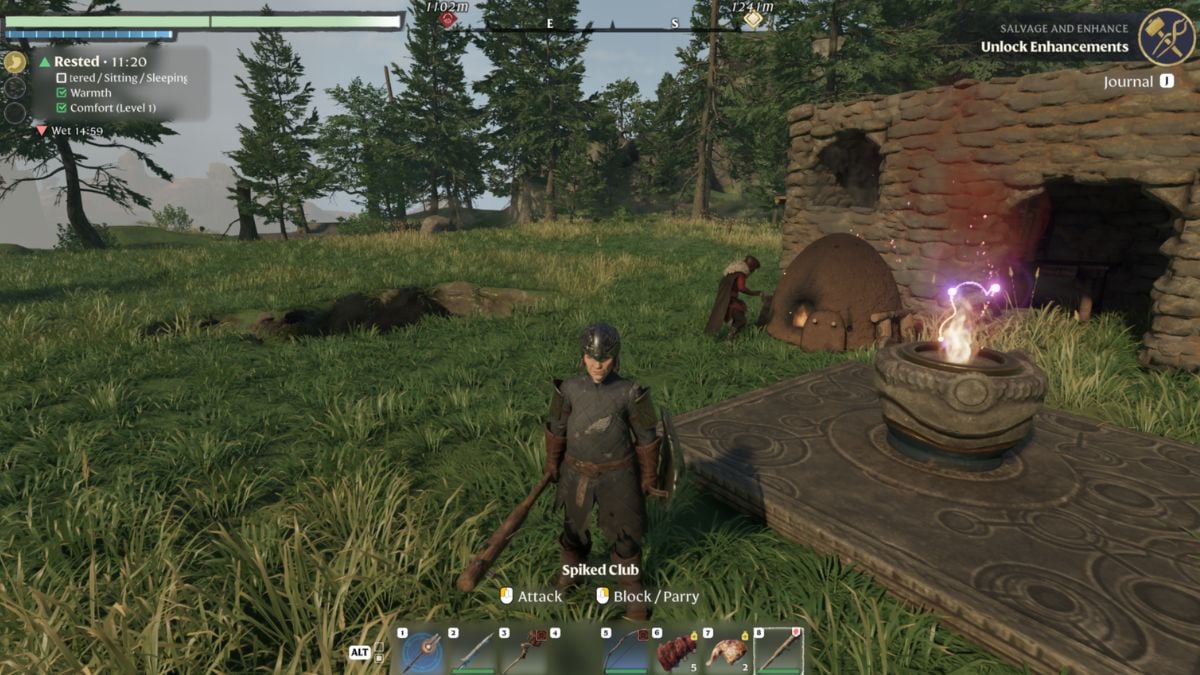 Screenshot of Enshrouded player at their base looking at a Charcoal Kiln.