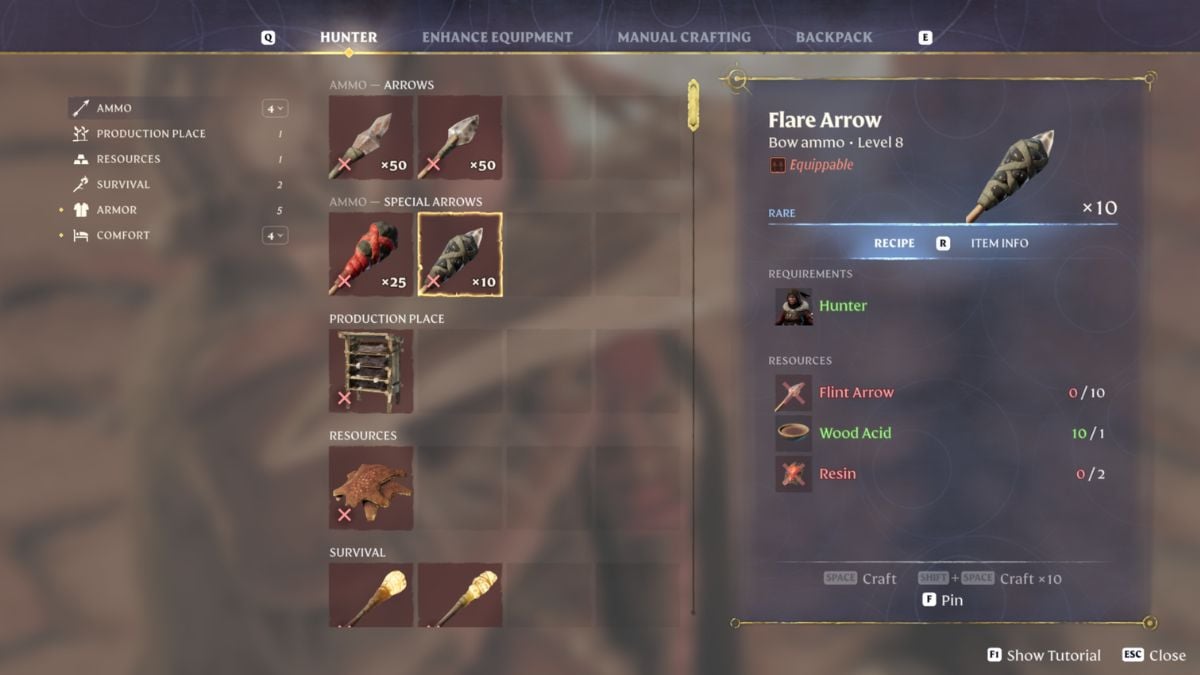 Crafting scene showing different arrows being made in Enshrouded.