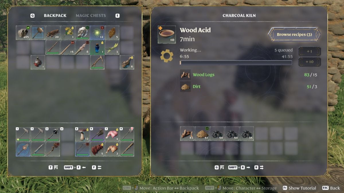 Screenshot of Enshrouded crafting menu for a kiln making Wood Acid.