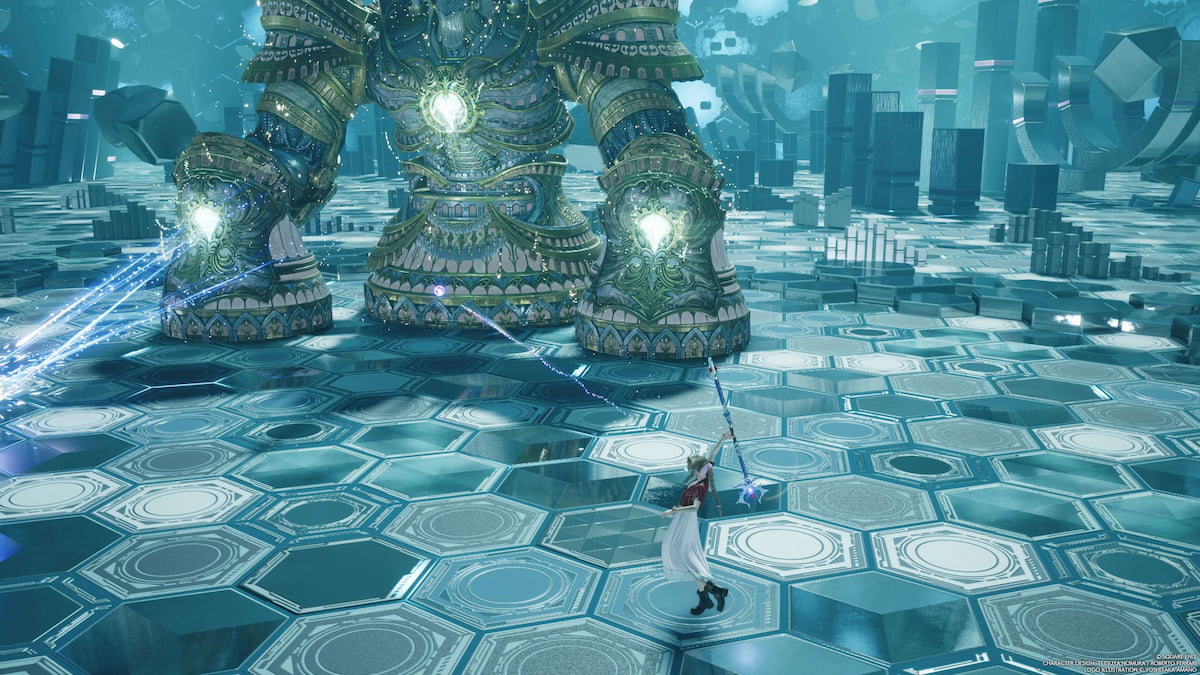 Aerith fighting Alexander in the Combat Simulator.