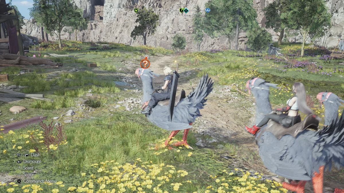 Cloud riding a Chocobo following cow's scent FF7R