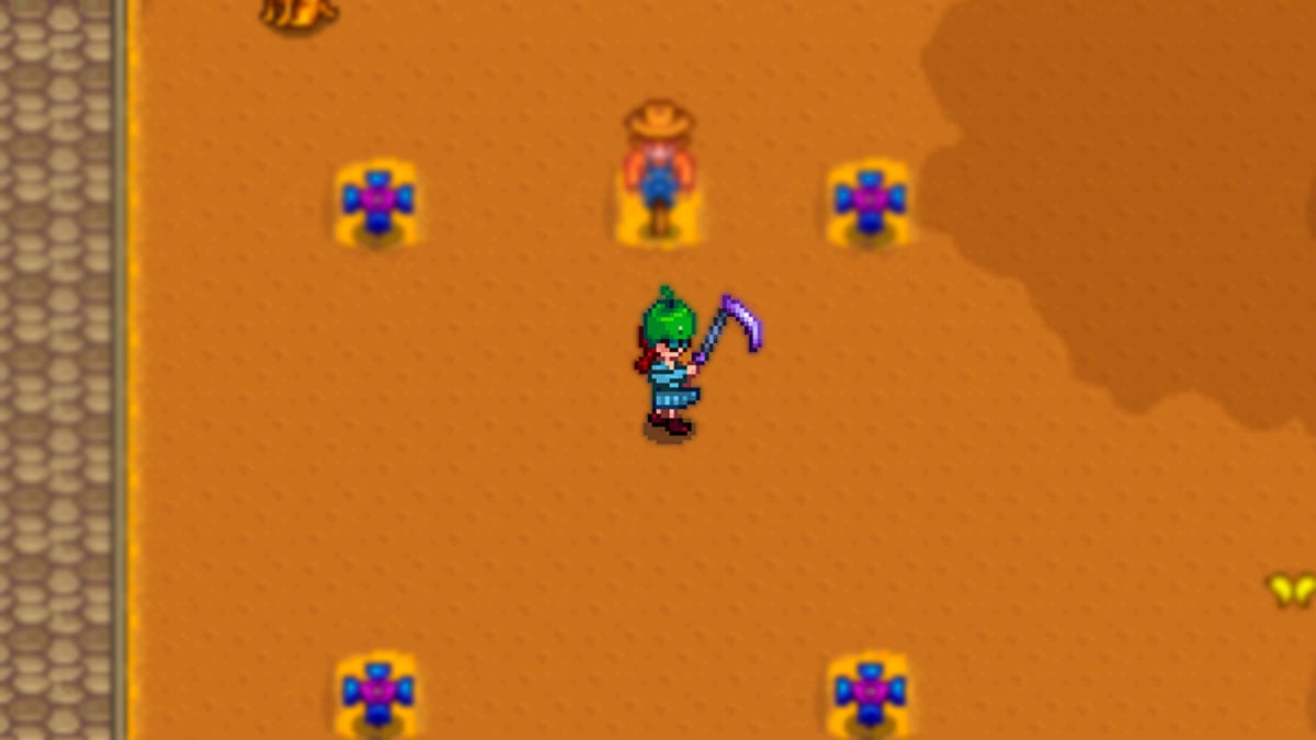 Farmer holding iridium scythe in Stardew Valley
