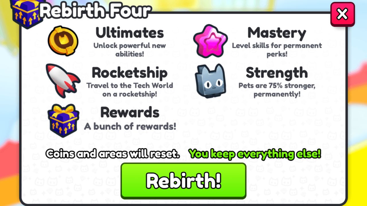 List of all bonuses and rewards for rebirthing at the rebirth four statue in Pet Sim 99