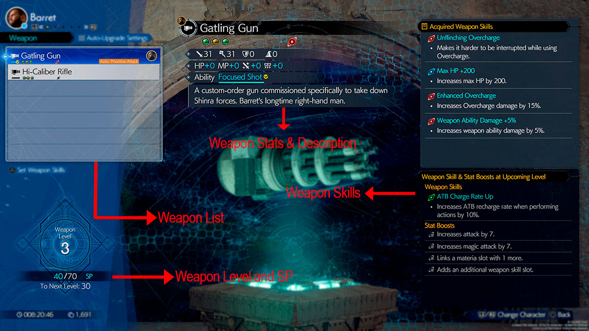 FF7R's Weapon Upgrade menu dissected with arrows