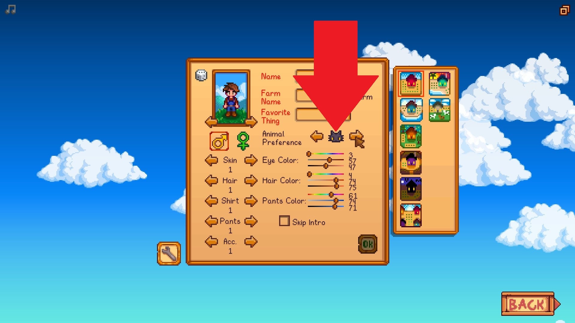 The animal preference option in the character customizer highlighted.