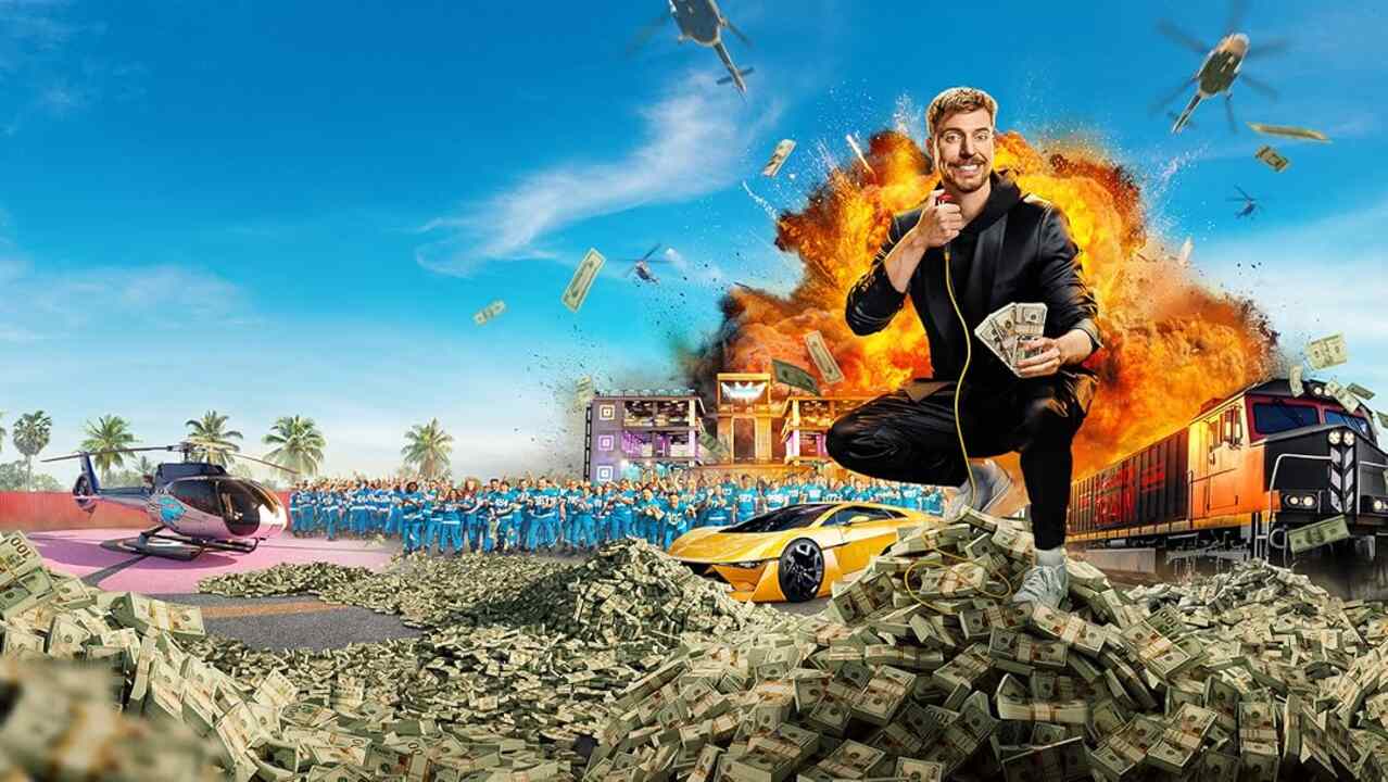 Mr Beast in a Beat Games promo poster standing on top of cash with an explosion behind him
