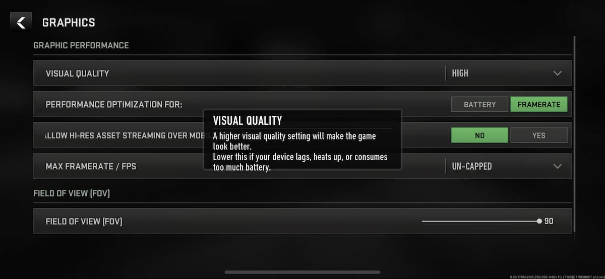 Warzone Mobile graphics settings menu