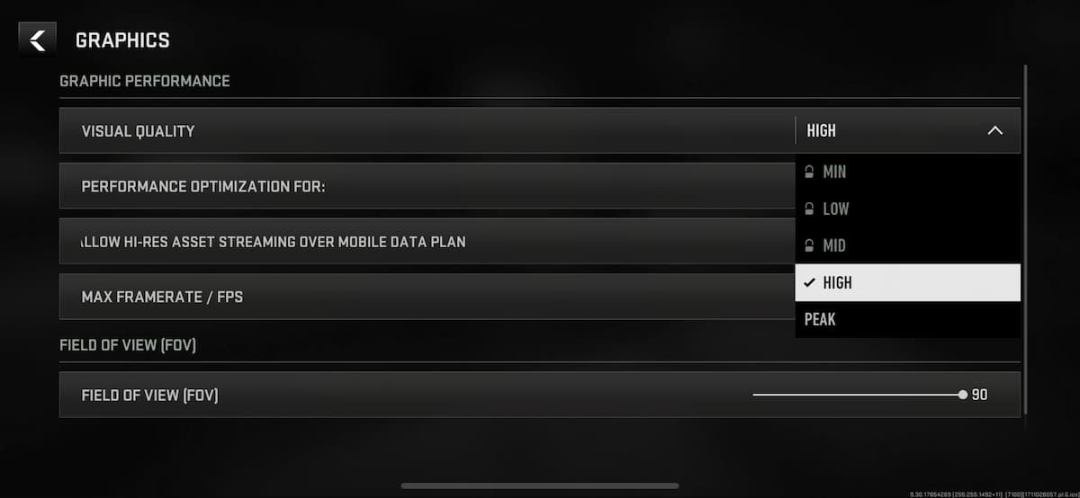 Warzone Mobile graphics settings menu